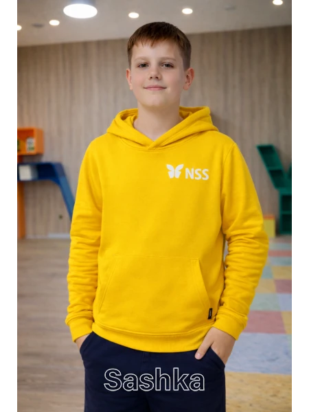 Худі УТЕПЛЕНЕ для хлопчика на флісі жовте з логотипом школи NSS, розмір 116-146